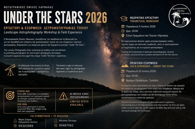 Under The Stars 2026. Αστροφωτογραφία Τοπίου με τον Φωτογραφικό Όμιλο Λάρνακας